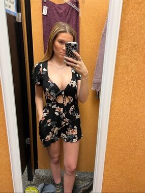 Black Floral Tie-Front Romper